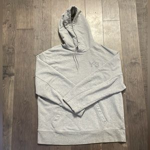 Men’s Y3 Grey Large Hoodie with drawstring and Y3 logo on left.